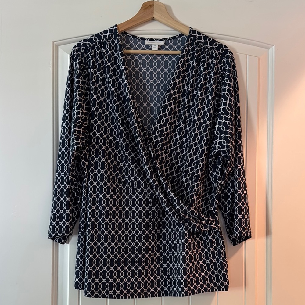 Charter Club Black and White Wrap Blouse with 3/4 Sleeves